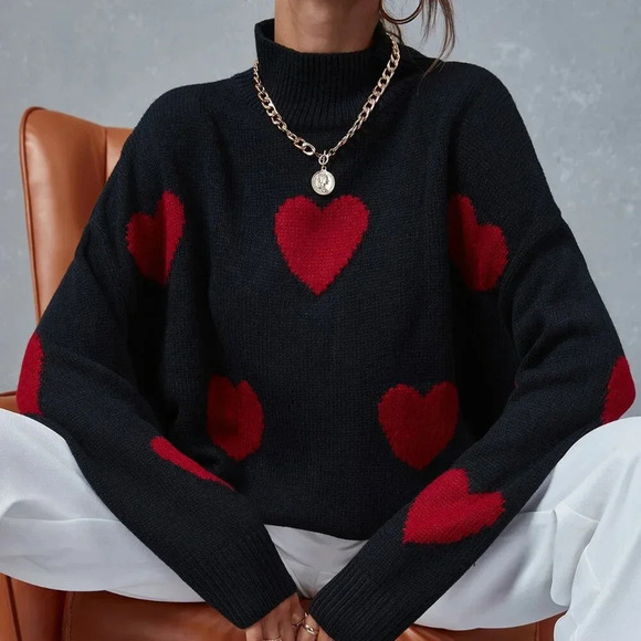 Black Casual Women's Heart Pattern Mock Neck Drop Shoulder Sweater - Picture 1 of 6